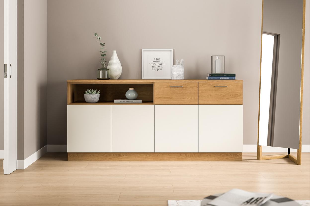 Elegante, zweifarbige Kommode nach Maß, perfekt für den Eingangsbereich, kombiniert Funktionalität mit modernem Design und bietet eine attraktive Ablagefläche.