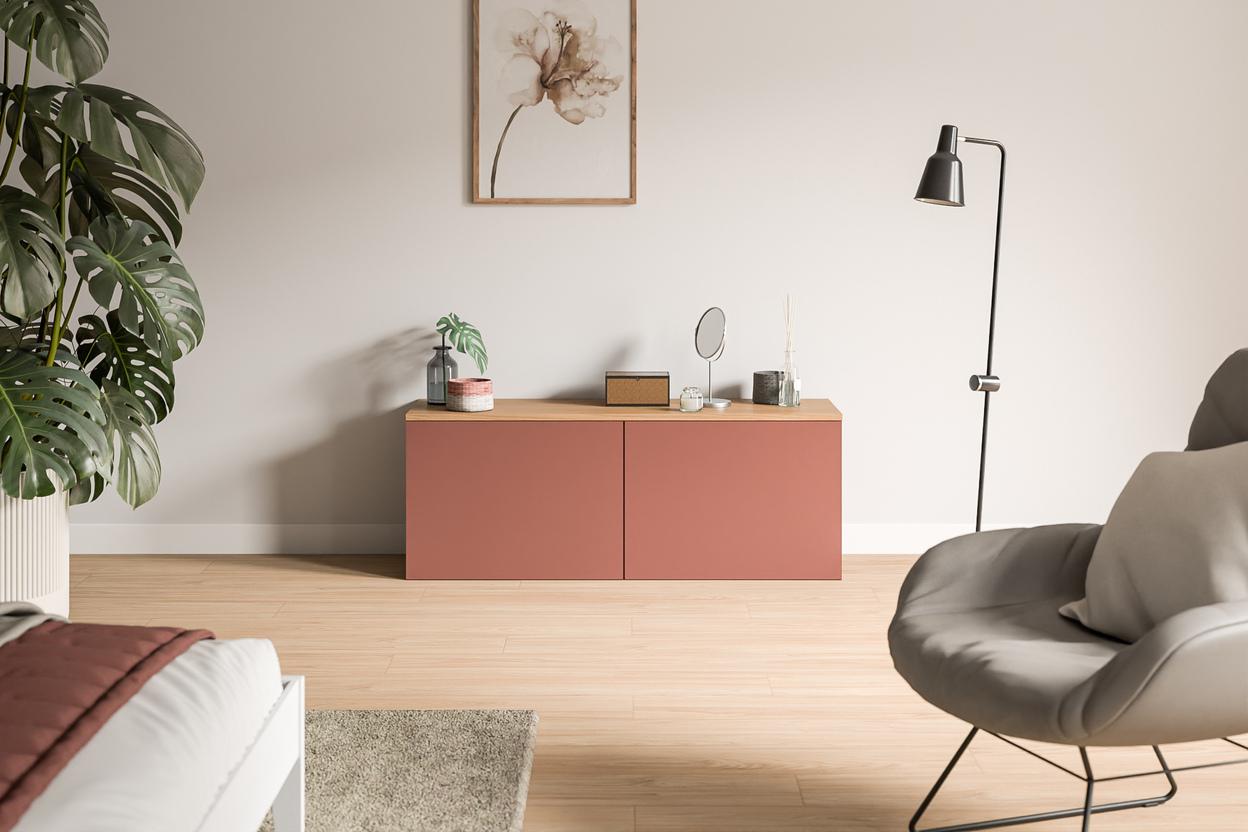 Maßgefertigte Kommode in einem stilvollen Zimmer Modernes Interieur mit einer Kommode nach Maß in Terrakottafarbe, akzentuiert durch eine Monstera-Pflanze und stilvolle Deko-Elemente.