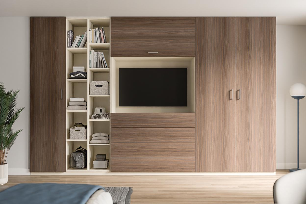 Maßgefertigter Wohnzimmerschrank mit integriertem TV-Fach Moderner, maßgefertigter Schrank in Nussbaumoptik mit offenen Regalen, Schubladen und TV-Fach.